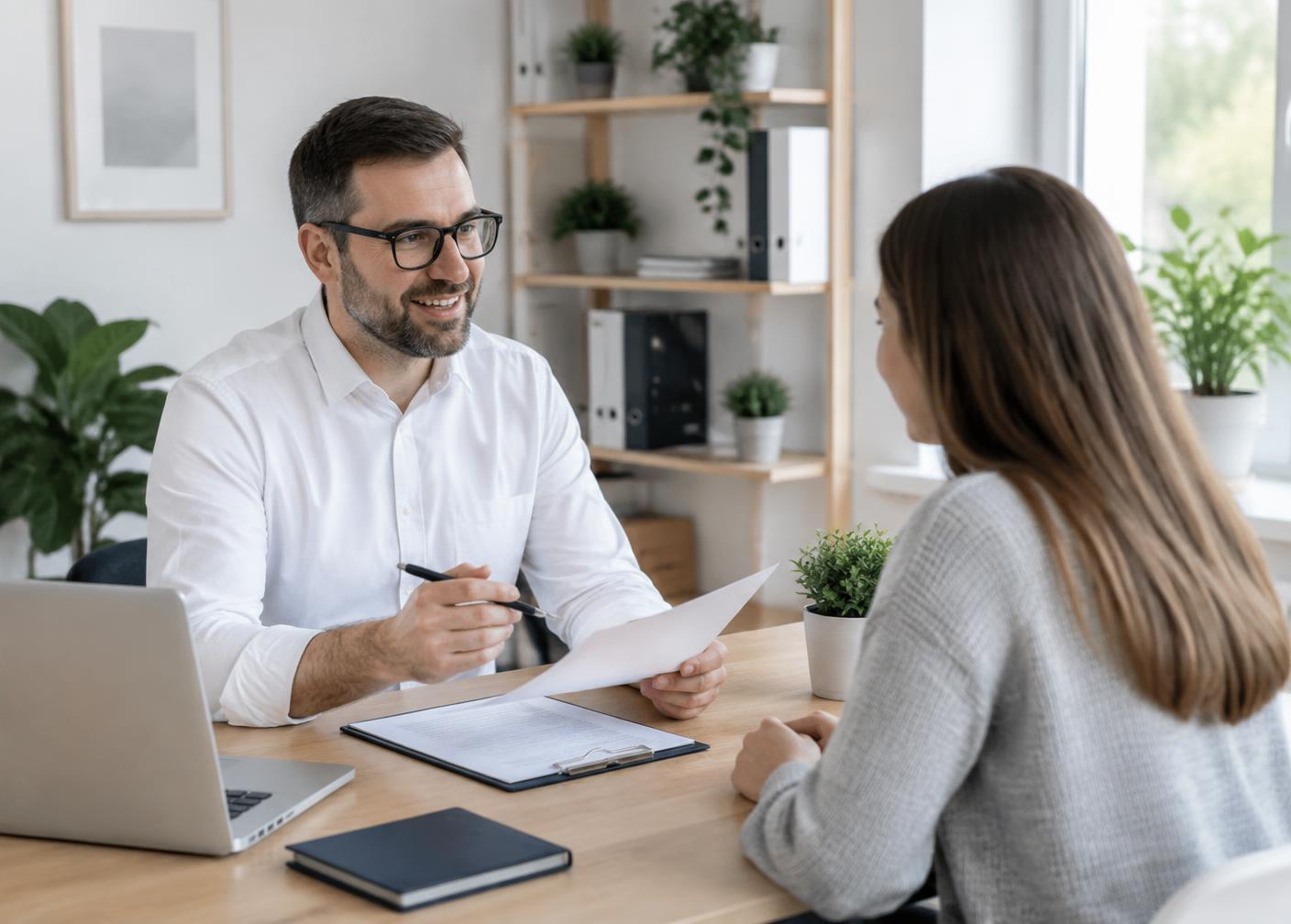 An advisor explaining application documents to a candidate